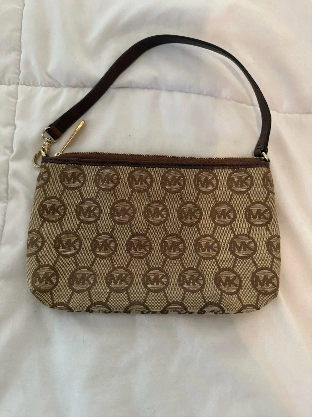 Michael Kors Beige & Brown Logo Mini Wristlet with Gold Hardware